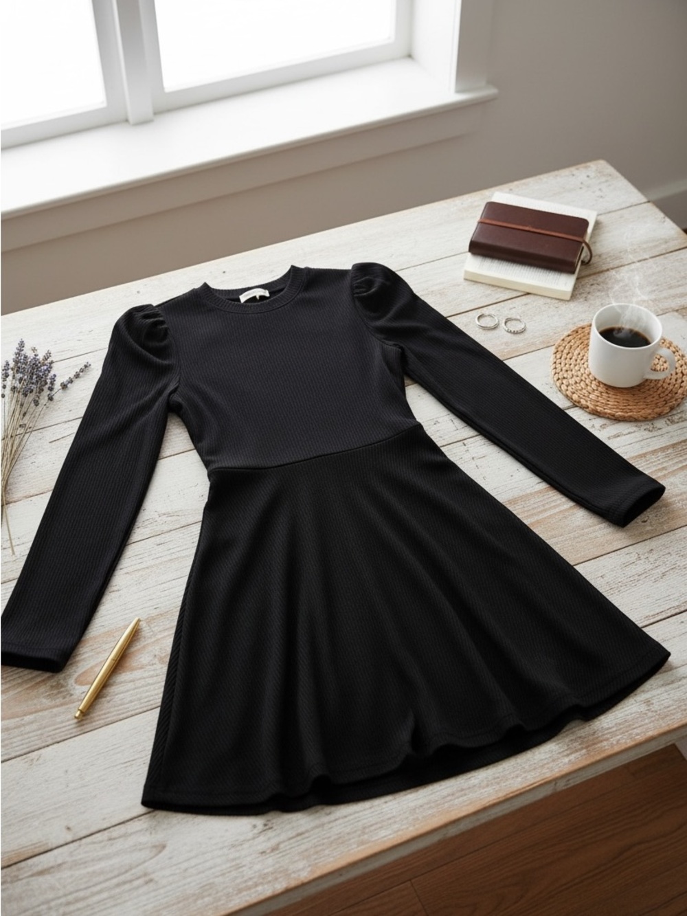 Girls' Black Long-Sleeve Puff-Shoulder Skater Dress